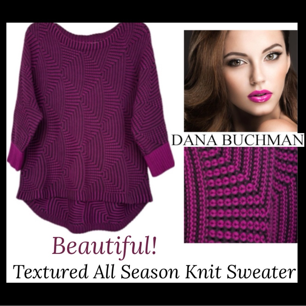 Textured All Season Knit Sweater Boatneck Quarter Sleeve High-Low Size Large